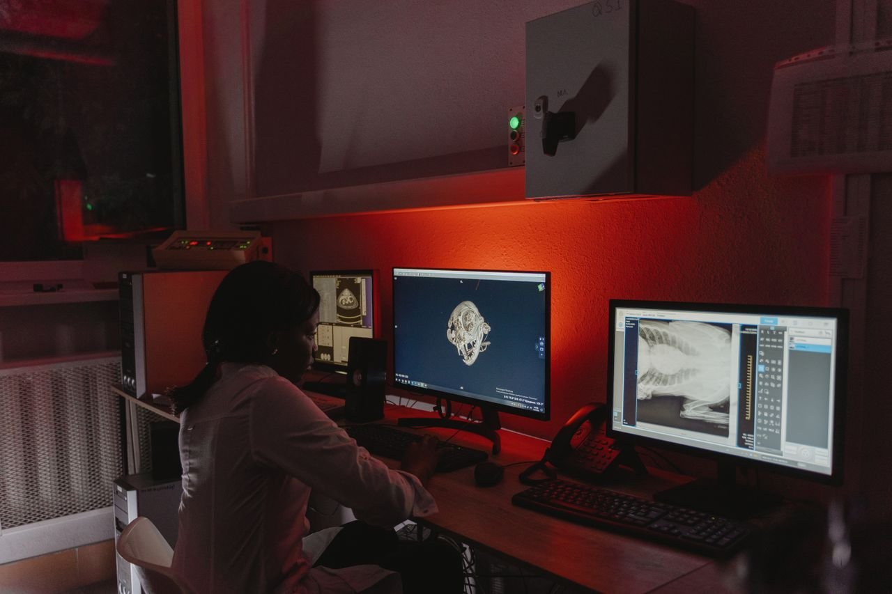 heros-img A female veterinarian studies x-ray images in a dimly lit office, focusing on animal healthcare and diagnostics.